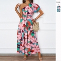 Women's Sexy One Shoulder Maxi Dress Bohemian Floral Print High Waist Tiered A-Line Long Dress For Summer Beach Vacation Party Casual Polyester Dresses