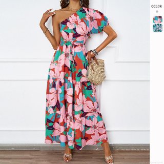 Women's Sexy One Shoulder Maxi Dress Bohemian Floral Print High Waist Tiered A-Line Long Dress For Summer Beach Vacation Party Casual Polyester Dresses