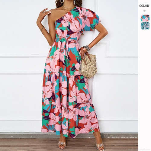 Women's Sexy One Shoulder Maxi Dress Bohemian Floral Print High Waist Tiered A-Line Long Dress For Summer Beach Vacation Party Casual Polyester Dresses