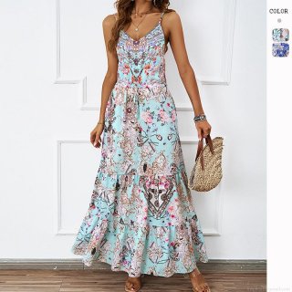 Women's Sexy V Neck Bohemian Floral Print Maxi Dress Sleeveless Slip High Waist A-line Polyester Long Dress For Summer Vacation