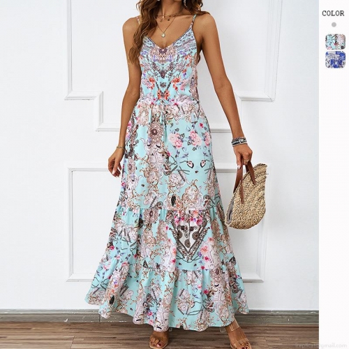 Women's Sexy V Neck Bohemian Floral Print Maxi Dress Sleeveless Slip High Waist A-line Polyester Long Dress For Summer Vacation