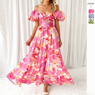 Women's Summer Floral Print Maxi Dress Off Shoulder Puff Sleeve Hollow Out Waist Tiered Cake Skirt Polyester Resort Vacation Long Dresses
