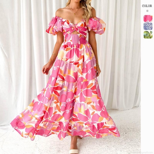Women's Summer Floral Print Maxi Dress Off Shoulder Puff Sleeve Hollow Out Waist Tiered Cake Skirt Polyester Resort Vacation Long Dresses
