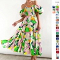 Women's Summer Floral Polyester Off-the-Shoulder Tiered Maxi Dress Puff Sleeve Smocked Bodice Bohemian Beach Vacation Party Long Dress