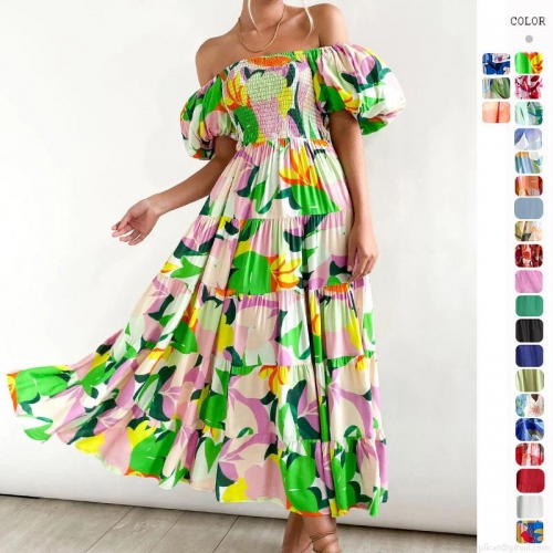 Women's Summer Floral Polyester Off-the-Shoulder Tiered Maxi Dress Puff Sleeve Smocked Bodice Bohemian Beach Vacation Party Long Dress