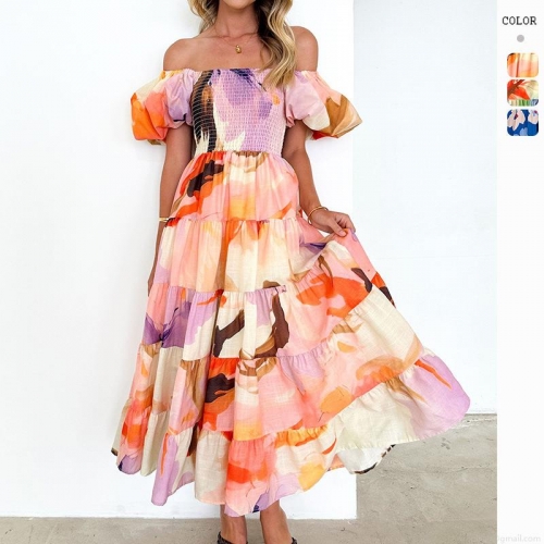 Women Floral Print Off-The-Shoulder Maxi Dress Polyester Puff Sleeve Tiered Cake Dress For Summer Vacation Bohemian Elegant Party Dress