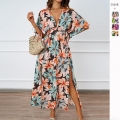 Women's Bohemian 100% Polyester Floral Print V-Neck Short Sleeve High Slit Maxi Dress Summer Elegant Elastic Waist Vacation Party Long Dress