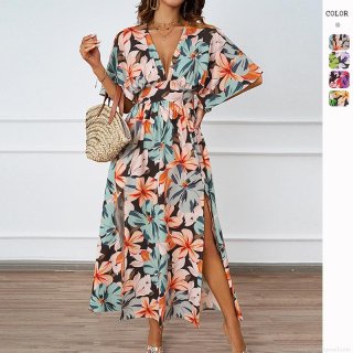 Women's Bohemian 100% Polyester Floral Print V-Neck Short Sleeve High Slit Maxi Dress Summer Elegant Elastic Waist Vacation Party Long Dress