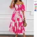 Women Elegant Off-Shoulder Floral Printed Polyester Maxi Dress Summer Puff Sleeve Tiered Ruffle Layered Boho Vacation Beach Sundress Ladies Gowns