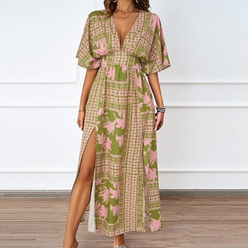 Women's Sexy V-Neck Short Sleeve Bohemian Floral Print Maxi Dress High Waist Side Slit Polyester Summer Resort Beach Long Dress