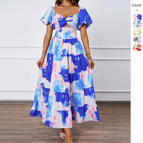 Women's Elegant Floral Print Maxi Dress 100% Polyester Puff Sleeve Cut Out Waist Tiered A-Line Summer Vacation Bohemian Long Dress