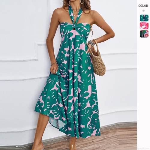 Women's Sexy Floral Print Halter Maxi Dress Backless Hollow Out Polyester Bohemian Beach Vacation Long Swing Dress