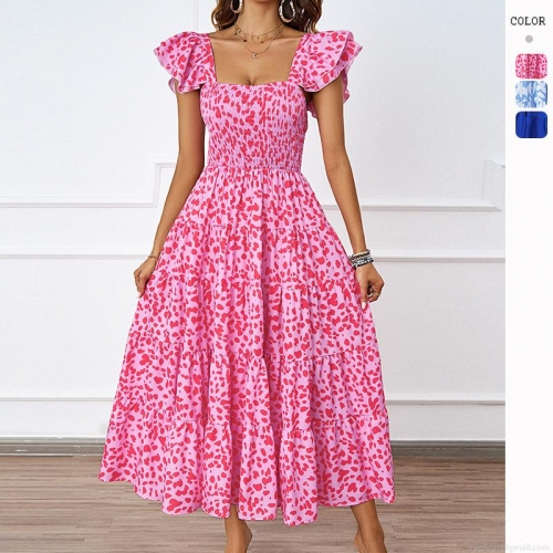 Women's Summer Bohemian Maxi Dress Square Neck Smocked Tiered Cake Skirt Ruffle Flutter Sleeve Floral Print Casual Vacation Long Dress