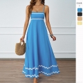 Women's Summer Sexy Spaghetti Strap Maxi Dress 100% Polyester Scalloped Ric Rac Trim Backless Large Hem Elegant Beach Vacation Solid Color Long Dress