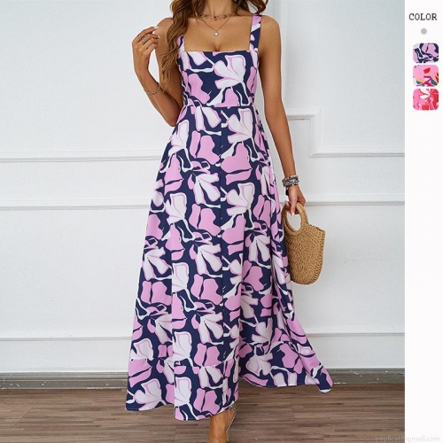 Women Summer Floral Print Cami Maxi Dress Sexy Backless A-Line High Waist Flowy Beach Vacation Long Dresses
