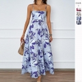 Women Summer Floral Print Spaghetti Strap Maxi Dress Sexy Backless High Waist A-Line Long Dress For Vacation Beach Holiday Bohemian Printed Sun Dress