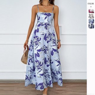 Women Summer Floral Print Spaghetti Strap Maxi Dress Sexy Backless High Waist A-Line Long Dress For Vacation Beach Holiday Bohemian Printed Sun Dress