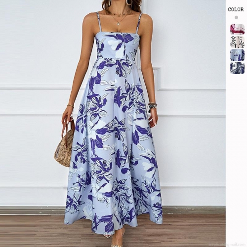 Women Summer Floral Print Spaghetti Strap Maxi Dress Sexy Backless High Waist A-Line Long Dress For Vacation Beach Holiday Bohemian Printed Sun Dress