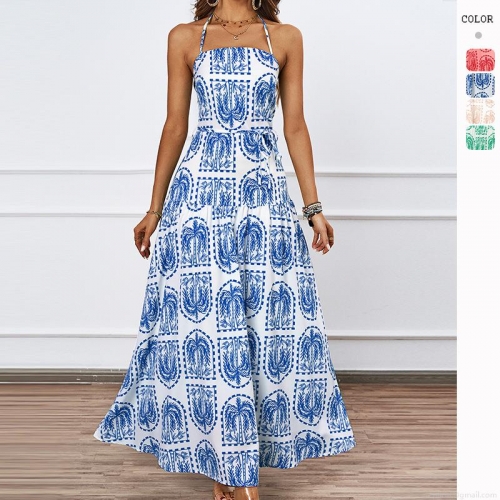 Women Vacation Halter Maxi Dress 100% Polyester Tropical Palm Tree Print Backless Tiered A-line Beach Sun Dress For Summer Holiday