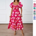 Women's Summer Floral Print Off-The-Shoulder Maxi Dress Polyester Puff Sleeve Smocked Tiered Cake Beach Vacation Boho Style Long Dress