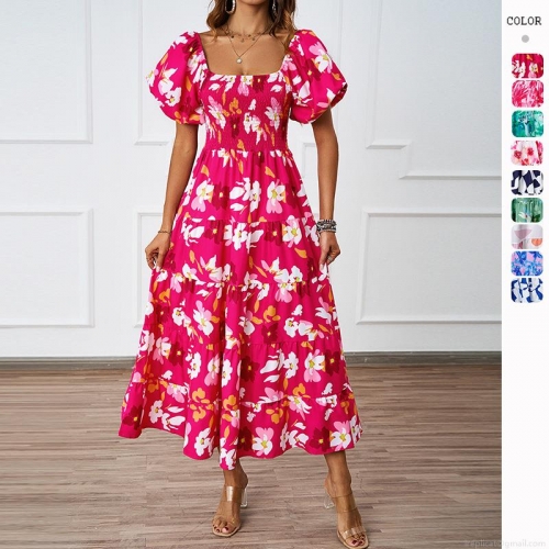 Women's Summer Floral Print Off-The-Shoulder Maxi Dress Polyester Puff Sleeve Smocked Tiered Cake Beach Vacation Boho Style Long Dress