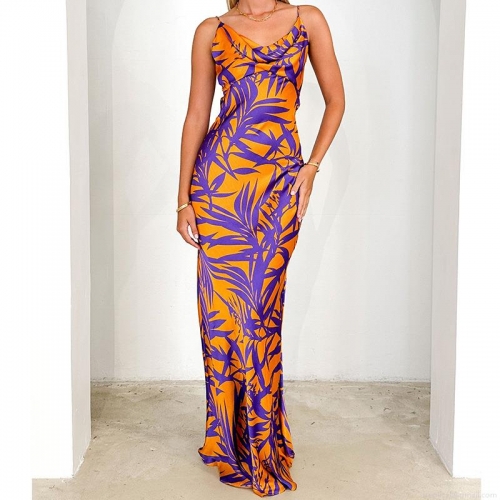 Sexy Satin Cowl Neck Cami Maxi Dress Women Elegant Orange Purple Leaf Print Backless High Waist Party Long Dress For Summer Vacation