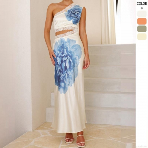 Sexy Women's One Shoulder Hollow Out Lace Trim Satin Maxi Dress Floral Print Sleeveless Backless Floor Length Vacation Party Evening Dress