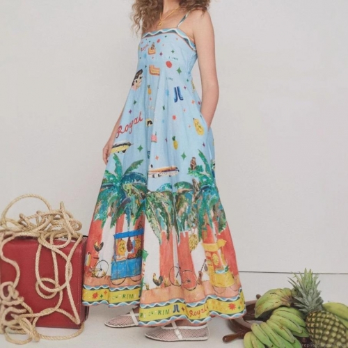 Women's Tropical Print Spaghetti Strap Maxi Dress Bohemian Large Swing Vacation Long Sundress 95% Polyester A-Line Floral Print Dress For Summer Resort Wear