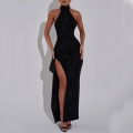 Women's Sexy Halter Neck Backless Sequin Maxi Dress Elegant Solid Color Sleeveless High Slit Evening Party Gown High Waist Sparkly Wedding Bodycon Dress