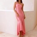 Women's Elegant One Shoulder Satin Fishtail Maxi Dress Sexy Backless Asymmetric Slim Fit Evening Party Gown For Wedding Guest Banquet
