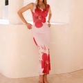 Summer Maxi Dress Polyester Large Red Hibiscus Floral Print Backless Sleeveless Slim Fit Bodycon Sexy Holiday Vacation Dress For Women Streetwear