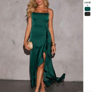 Sexy Satin Ruffle High Slit Maxi Dress Elegant Spaghetti Strap Backless Tie Up Evening Party Prom Dress For Women Wedding Guest Celeb Style Summer Long Dress