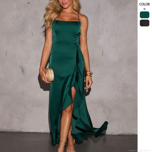 Sexy Satin Ruffle High Slit Maxi Dress Elegant Spaghetti Strap Backless Tie Up Evening Party Prom Dress For Women Wedding Guest Celeb Style Summer Long Dress