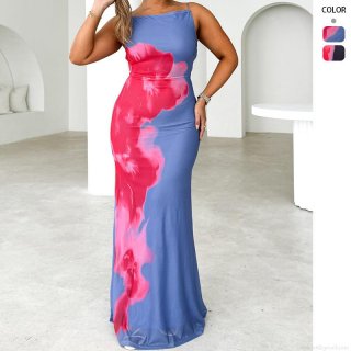 Women's Sexy Spaghetti Strap Maxi Dress Contrast Floral Print Slim Fit Backless Cutout Long Dress Summer Beach Vacation Streetwear