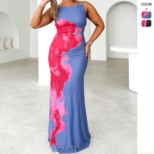 Women's Sexy Spaghetti Strap Maxi Dress Contrast Floral Print Slim Fit Backless Cutout Long Dress Summer Beach Vacation Streetwear