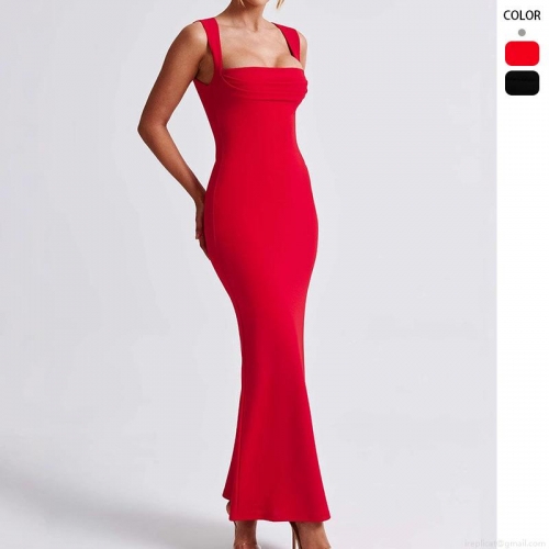 Sexy Square Neck Sleeveless Bodycon Maxi Dress Solid Color Polyester Evening Party Long Gown for Women Elegant Summer Clubwear