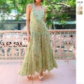 Women Sexy Halter Neck Backless Maxi Dress Polyester Floral Palm Tree Print Tiered A-Line Vacation Beach Swing Long Sun Dress