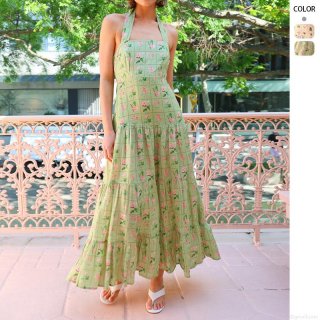Women Sexy Halter Neck Backless Maxi Dress Polyester Floral Palm Tree Print Tiered A-Line Vacation Beach Swing Long Sun Dress