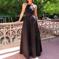 Black Backless Halter Maxi Dress With Pockets Polyester Tie-Back Large Hem French Retro Summer Beach Vacation Elegant Dresses For Women