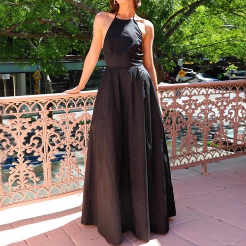 Black Backless Halter Maxi Dress With Pockets Polyester Tie-Back Large Hem French Retro Summer Beach Vacation Elegant Dresses For Women