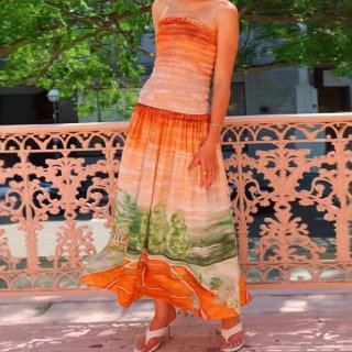 Women Sexy Strapless Backless Gradient Maxi Dress Polyester Landscape Print Bohemian Pleated Large Swing Vacation Beach Sundress
