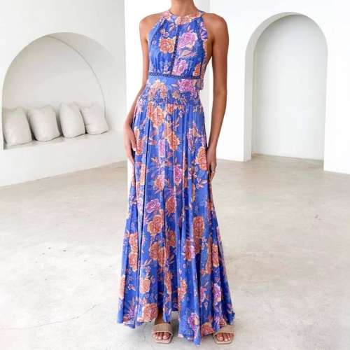 Women's Bohemian Floral Print Maxi Dress Sexy Halter Neck Backless High Waist Summer Beach Long Dress Polyester Lace Hollow Out Sundress