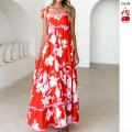 Women Red Floral Print Scalloped Strap Maxi Dress Summer Vacation Bohemian Square Neck A-Line Backless Holiday Long Dress With Ciao Roma Pattern