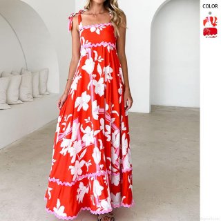 Women Red Floral Print Scalloped Strap Maxi Dress Summer Vacation Bohemian Square Neck A-Line Backless Holiday Long Dress With Ciao Roma Pattern