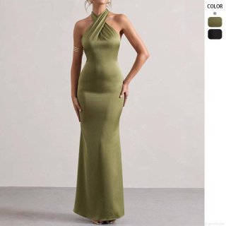 Women Sexy Satin Halter Backless Maxi Dress Elegant Bodycon Sleeveless Evening Party Gown Solid Color High Waist Mermaid Long Dress For Wedding Clubwear