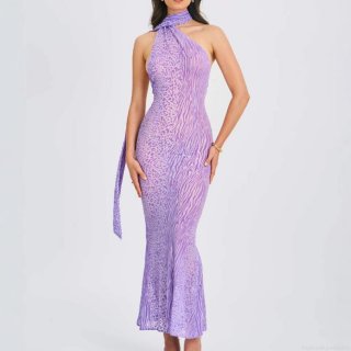 Women's Sexy Halter Backless Maxi Dress Mesh Polyester Leopard Zebra Print Slim Fit Long Dress With Neck Scarf For Party Club