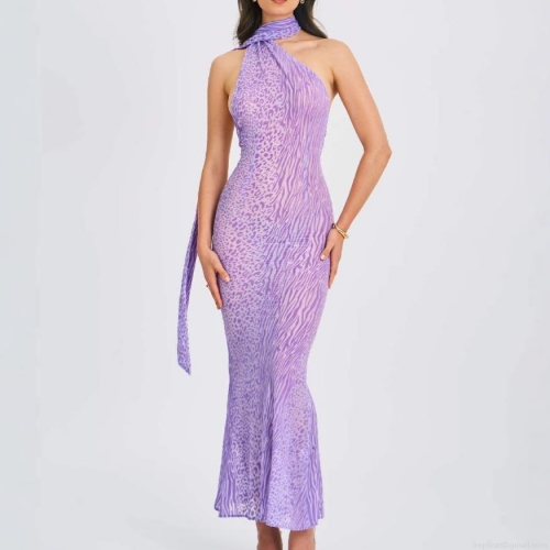 Women's Sexy Halter Backless Maxi Dress Mesh Polyester Leopard Zebra Print Slim Fit Long Dress With Neck Scarf For Party Club