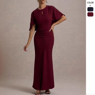 Women Sexy Ruched Maxi Dress Cape Sleeve Hollow Out Bodycon Evening Party Gown Elegant High Waist Solid Color Polyester Floor Length Slim Fit Banquet Dress