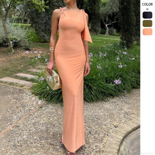 Women's Elegant Single Shoulder Ribbon Bodycon Maxi Dress Sexy Solid Color Sleeveless Floor Length Evening Party Wedding Guest Gown Slim Fit Polyester Spandex Dress
