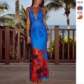 Women's Sexy Halter Neck Floral Print Maxi Dress Sleeveless Backless Ruched Slim Fit Polyester V-Neck Bodycon Long Sundress for Summer Beach Vacation Party